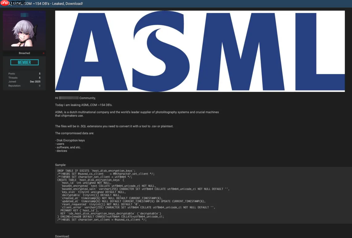 阿斯麦 ASML 公司疑似遭遇重大数据泄露，154 个数据库被公开