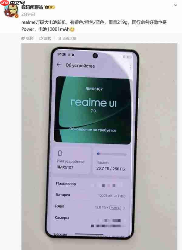 真我10001mAh大电池新机曝光 命名或为“真我Power”