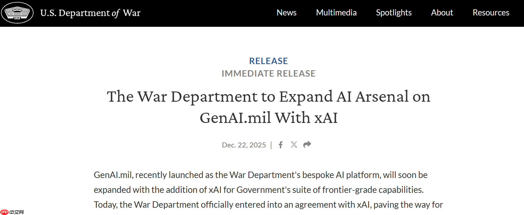 美国战争部联手 xAI:Grok 模型将进驻AI 平台 GenAI.mil
