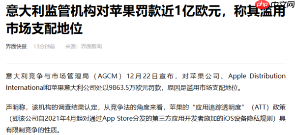 意监管机构对苹果罚款近1亿欧元 因滥用市场支配地位