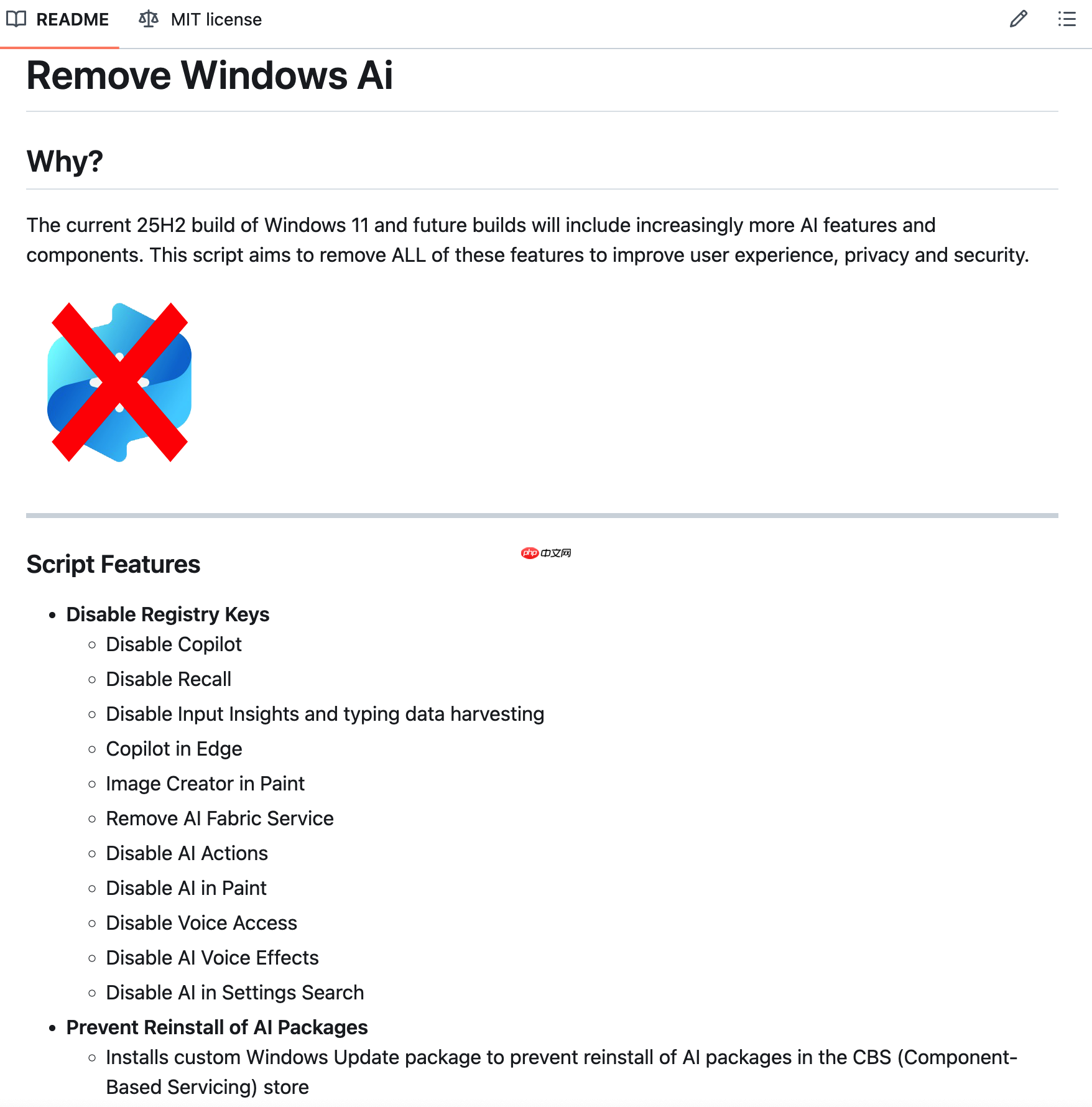 RemoveWindowsAI:移除 Windows 11 AI 功能的开源脚本