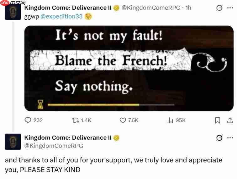 都怪法国人! 《天国:拯救2》官方发帖调侃TGA