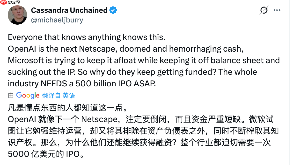 大空头看衰 OpenAI:下一个网景,注定失败