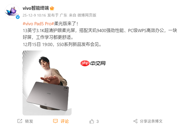 vivo Pad5 Pro柔光版12月15日发布:3.1K柔光屏+天玑9400