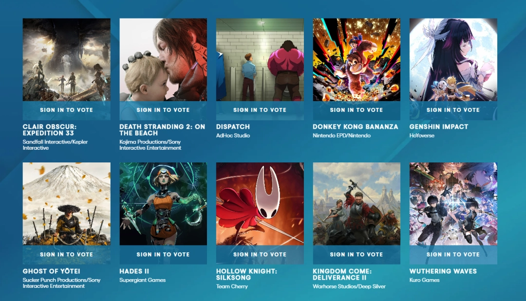 TGA“玩家之声”第二轮投票开启!国产游戏四进二:《原神》晋级