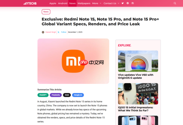 REDMI Note15系列全球版信息全面泄露 配2亿像素镜头