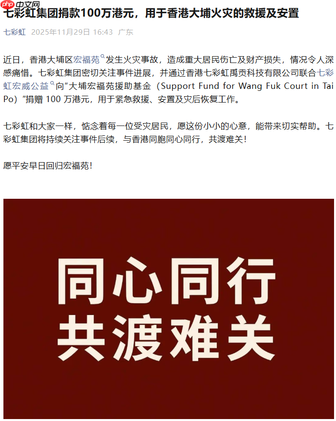 七彩虹集团捐款 100 万港元，用于香港大埔火灾的救援及安置