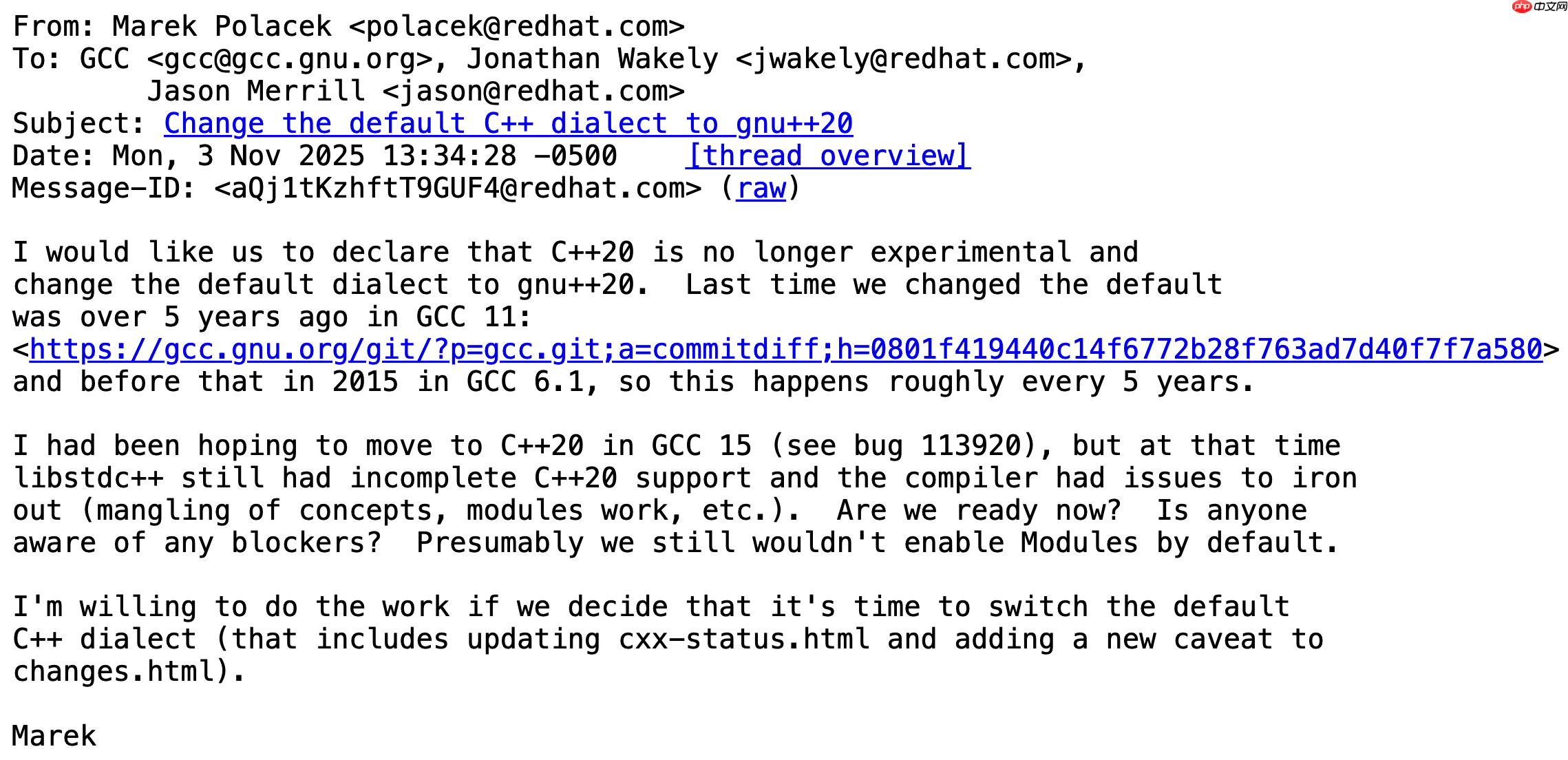 gnu 编译器开发者开始讨论将 c++20 设为默认选项
