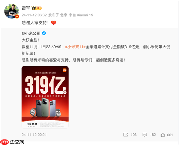 小米双11销售额破290亿！雷军：谢谢大家支持