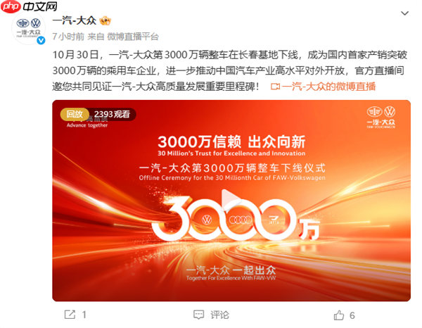 一汽大众第3000万辆整车正式下线!一辆奥迪A5L领航版