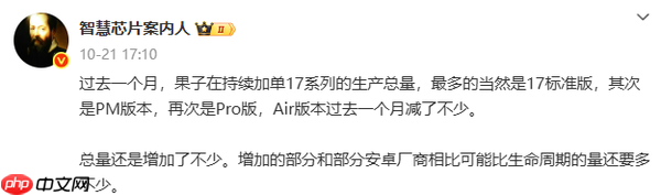 传苹果持续加单iPhone 17系列生产量 标准版最多