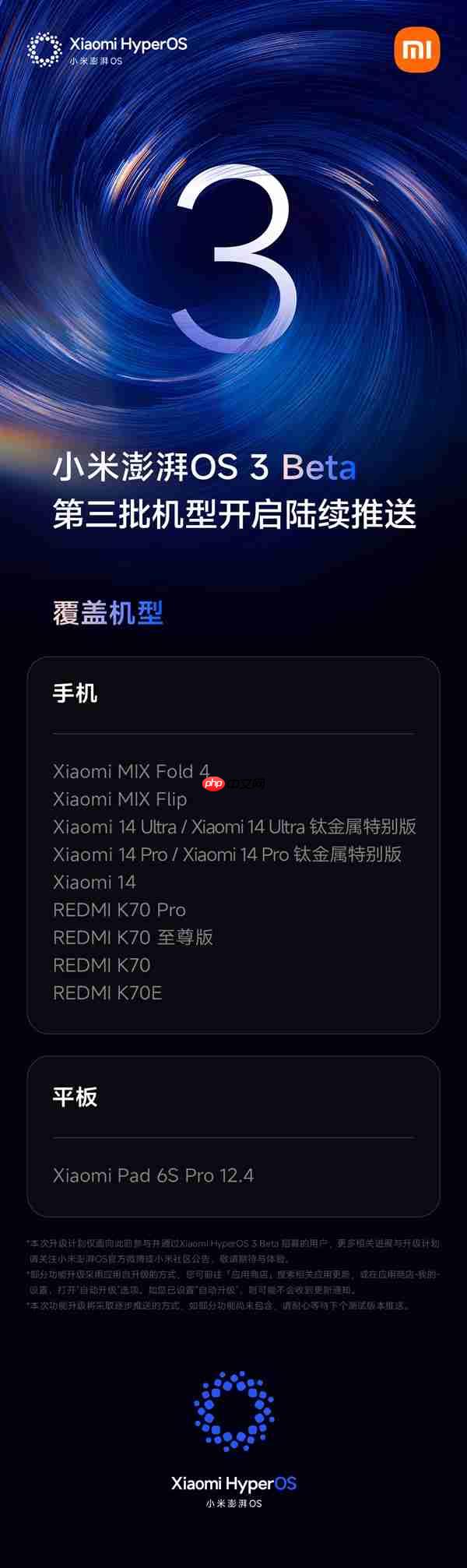 小米澎湃OS 3 Beta版第三批机型开启推送：覆盖小米14系列、K70系列等十款