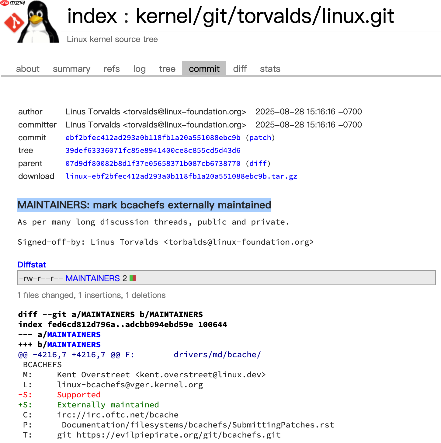 linus 将 bcachefs 文件系统标记为由外部维护
