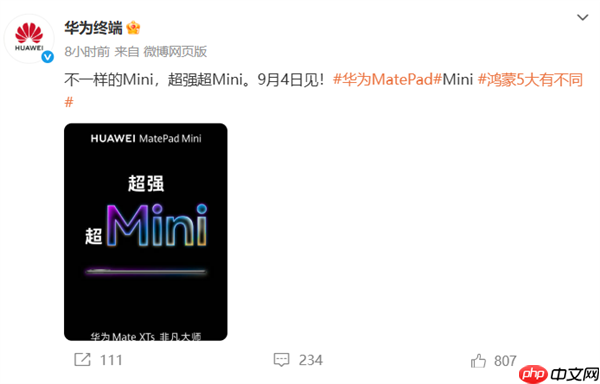 华为正式进军小屏平板赛道!8.8英寸“超大号手机”来了 9月4日见