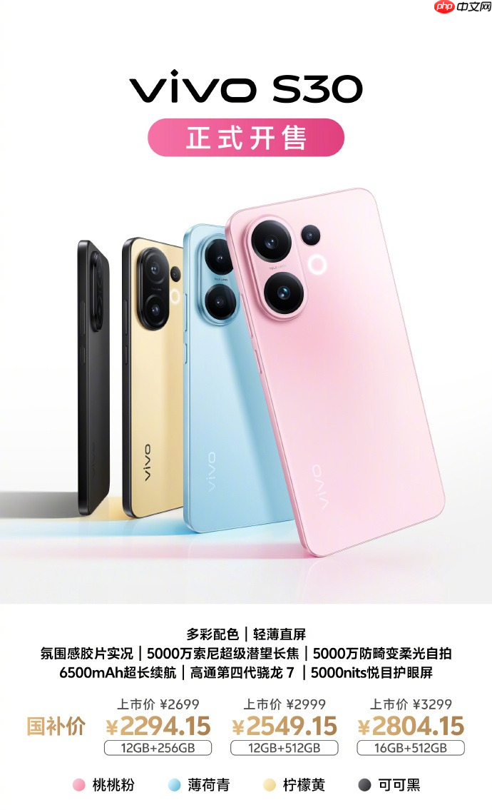 多彩小直屏vivo S30系列正式开售，国补到手2294元起！