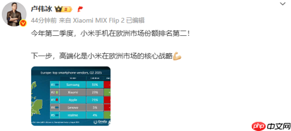 卢伟冰:小米二季度在欧洲市场排第二 下一步将高端化