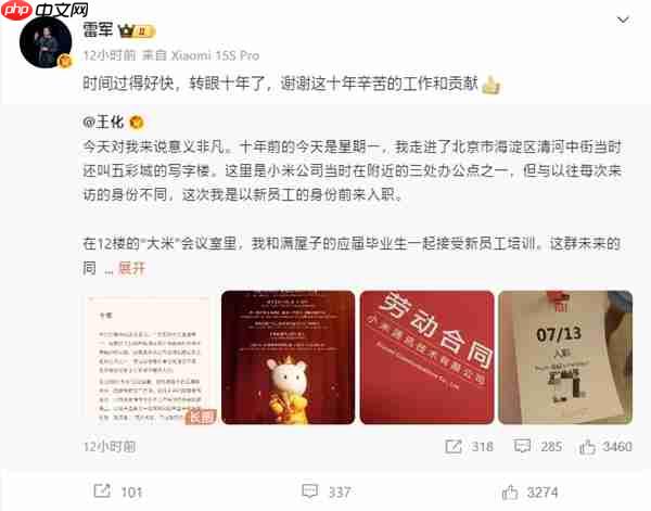 王化晒入职小米10周年纪念：雷军亲自感谢