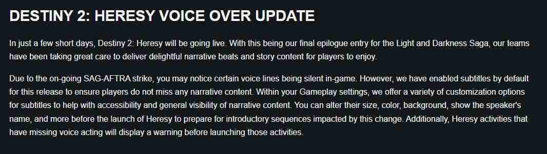 命运2:异端上线遭遇配音缺失,Bungie采取措施保障玩家体验
