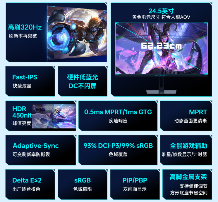 雷神黑武士 24.5 英寸显示器“CF25F300”开售:320Hz 超频高刷、1ms GTG 响应,首发 849 元