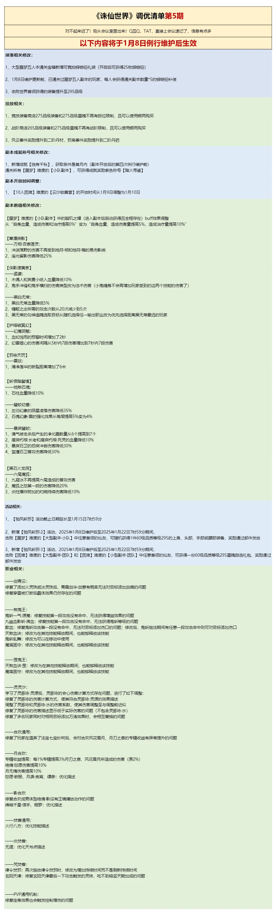 1月8日生效!《诛仙世界》发布最新调优清单