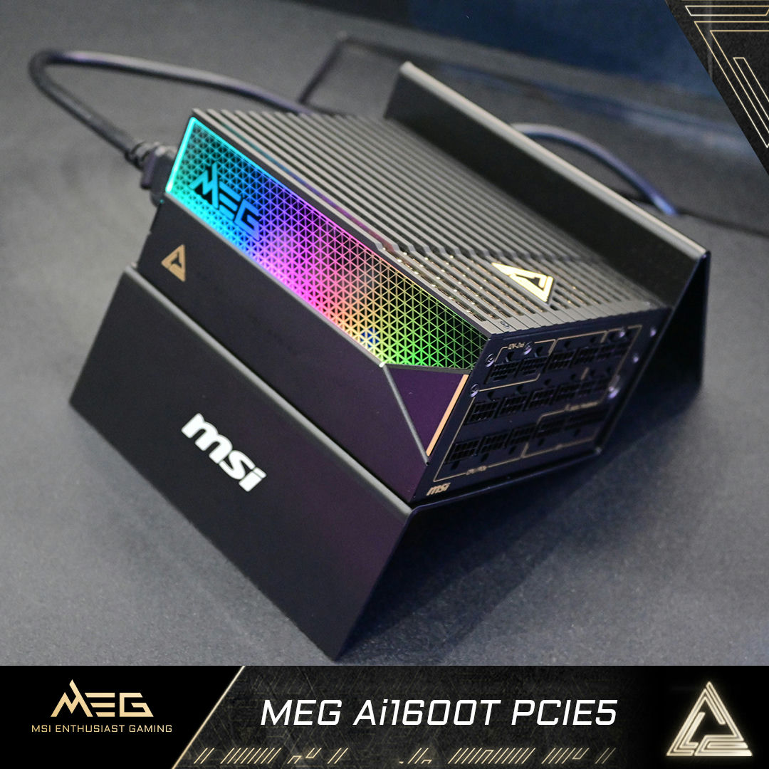 微星 MEG Ai1600T PCIE5 电源预热：1600W 钛金认证，支持 RGB 灯效