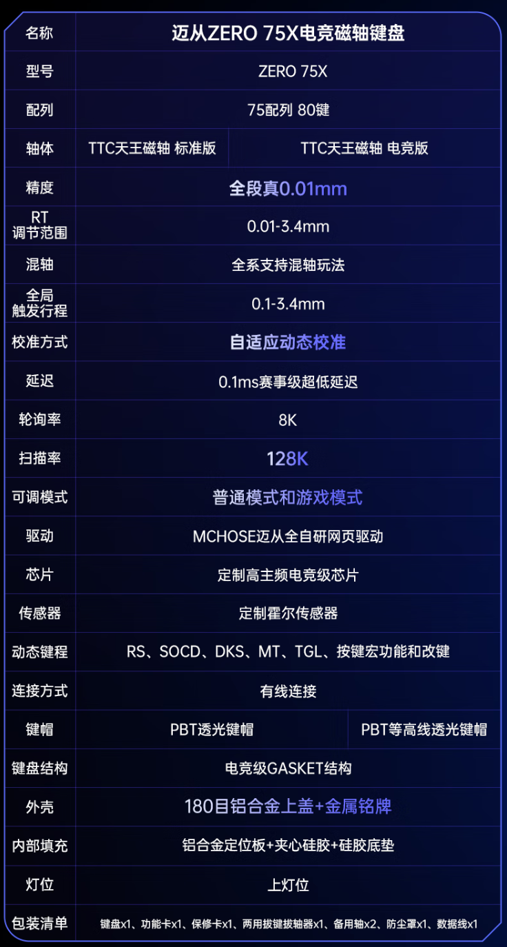 迈从推出 ZERO 75X 电竞磁轴键盘:75 配列 80 键设计、有线连接,首发 399 元起