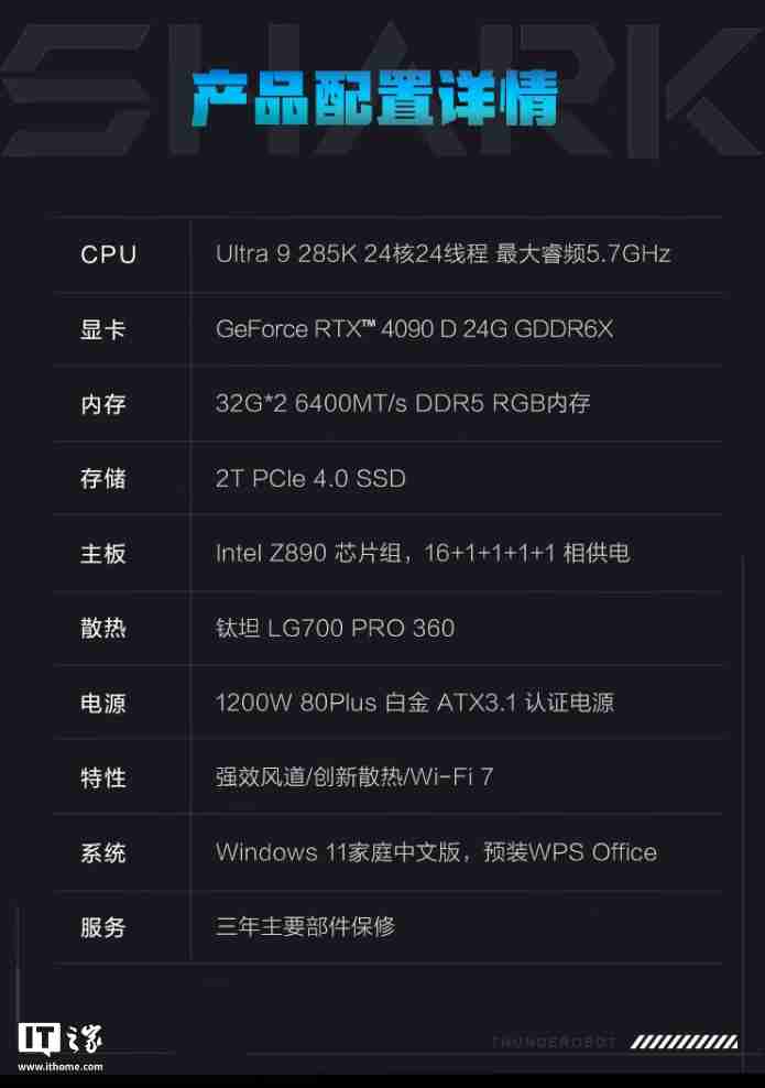 雷神黑武士 Shark 台式电竞主机“Ultra 9 285K + 64G + 2T + RTX4090D”配置首销，31999 元
