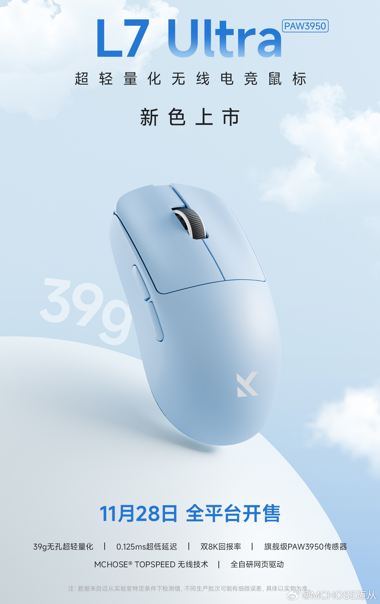 迈从 L7 Ultra 无线鼠标新增蓝色款上市:39g 无孔设计 / 双 8K 回报率,319 元