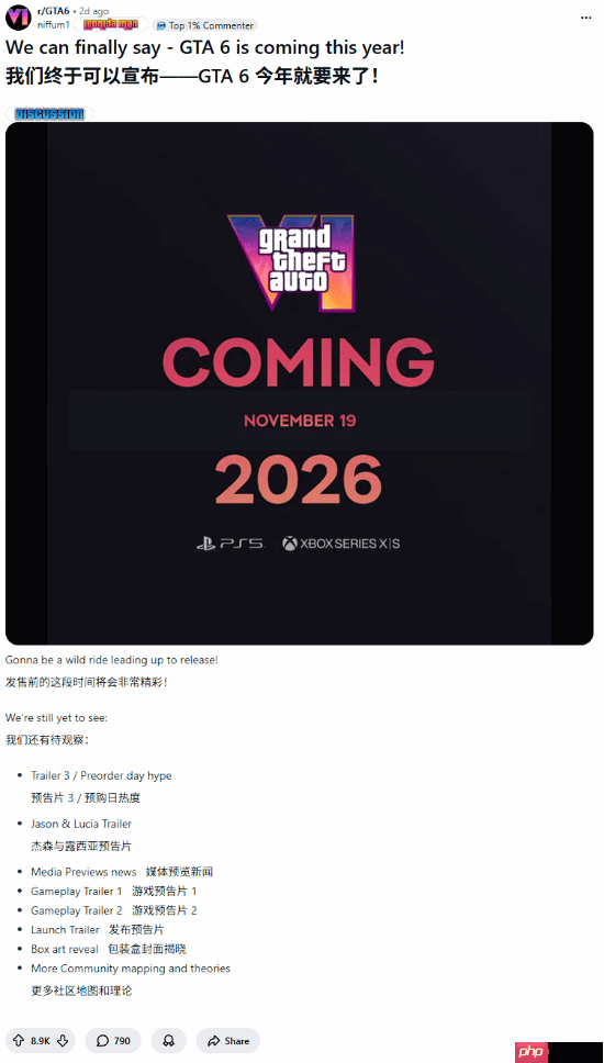 《GTA6》粉丝欢呼2026:终于可以说今年发售了!