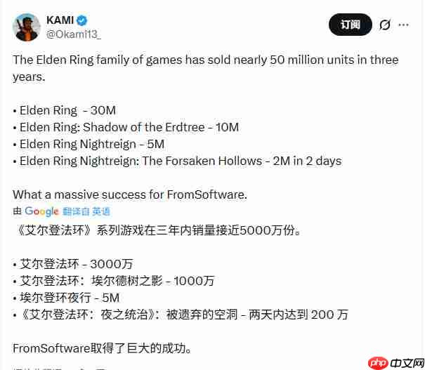 《艾尔登法环》大获成功 系列销量接近5000万套