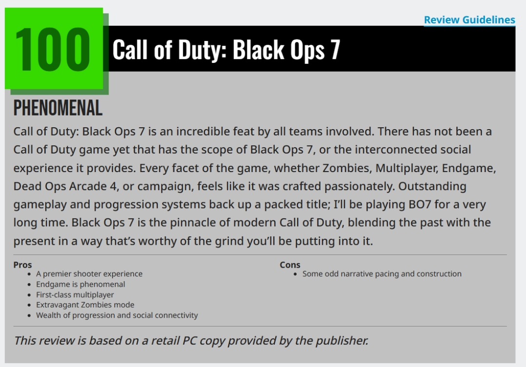 《使命召唤:黑色行动7》M站均分84 IGN6分评价一般!